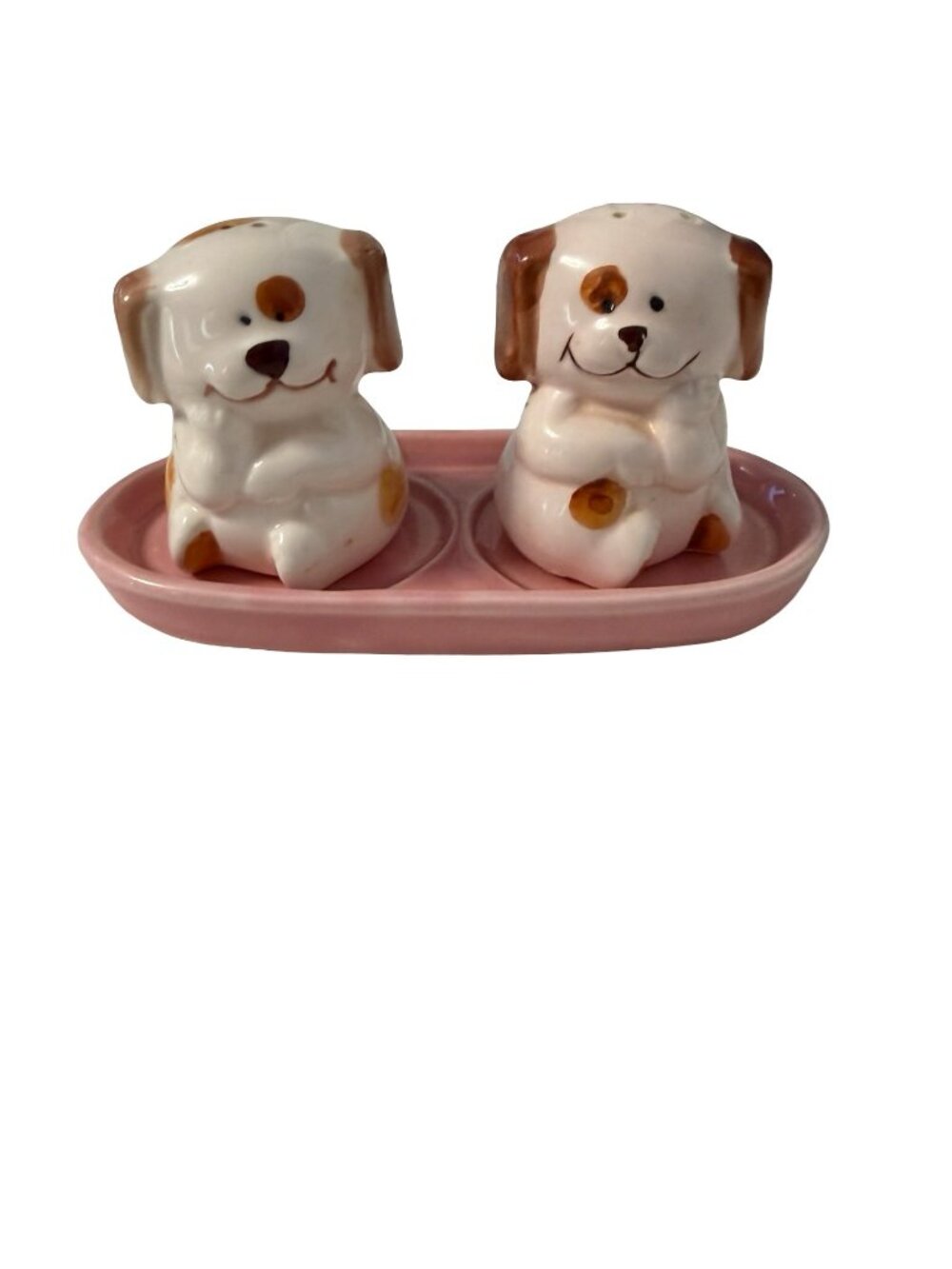 Vintage Japan Puppy Dog Salt And Pepper Shakers With Pink Tray Ceramic Set